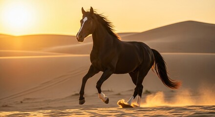 A dark horse galloping through a sandy desert landscape during a warm sunset with dunes in the background