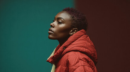 Black female athlete in red jacket looks ahead with purpose. Studio color-split backdrop, fashion-forward