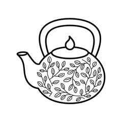 Outline illustration of a teapot with leaf design on white background