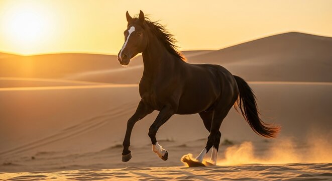 A dark horse galloping through a sandy desert landscape during a warm sunset with dunes in the background - Powered by Adobe
