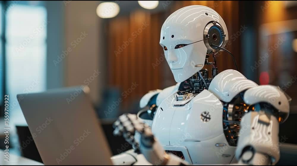 Aufkleber Robot Interacts With Computer in Modern Workspace, Showcasing Advanced Technology and Innovation