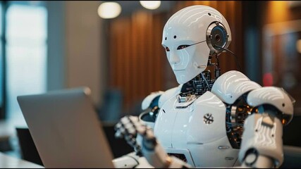 Robot Interacts With Computer in Modern Workspace, Showcasing Advanced Technology and Innovation