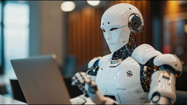 Robot Interacts With Computer in Modern Workspace, Showcasing Advanced Technology and Innovation