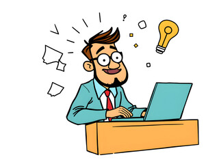 A man is sitting at a desk with a laptop and a light bulb in the air