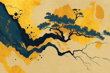 Golden Japanese Ink Wash Painting with Pine Tree and Mountain Landscape