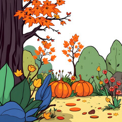 A cartoonish drawing of a forest with a tree and a path