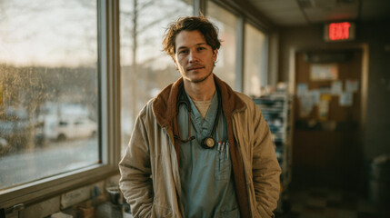 Caucasian male doctor in scrubs stands confidently near clinic window during golden hour
