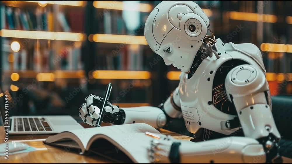 Aufkleber Robot Studies in Modern Library Setting While Noting Important Information From a Book