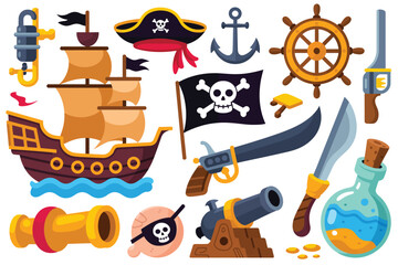 Pirate Collection Illustration with Ship, Hat, Weapons and Accessories
