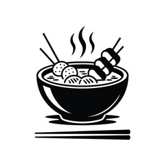 Black and White Vector Illustration of a Bowl of Hot Noodles