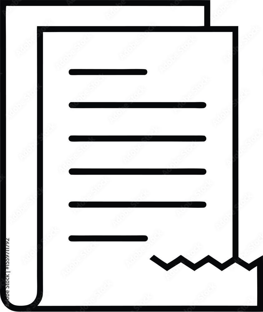 Poster simple black outline icon of a document with horizontal lines of text and a torn edge isolated on wh