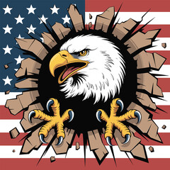American Bald Eagle Head Breaking Through Wall Stars Stripes Graphic vector