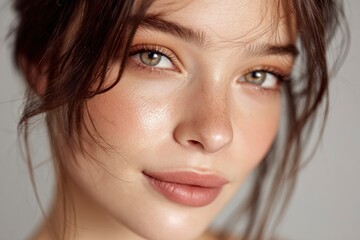 Fototapeta premium Closeup shot of a womans face showcasing fair skin freckles and neutral makeup Her brown hair is styled loosely around her face
