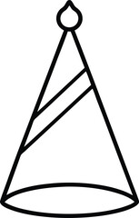 Simple black outline drawing of a party hat with a pom pom on top and decorative stripes isolated on white background