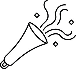 Simple black line art drawing of a party horn blowing confetti and streamers isolated on white background