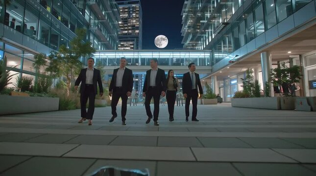Teamwork Under City Moonlight, business team skybridge night, skybridge office reflections moon, business team crossing puddles