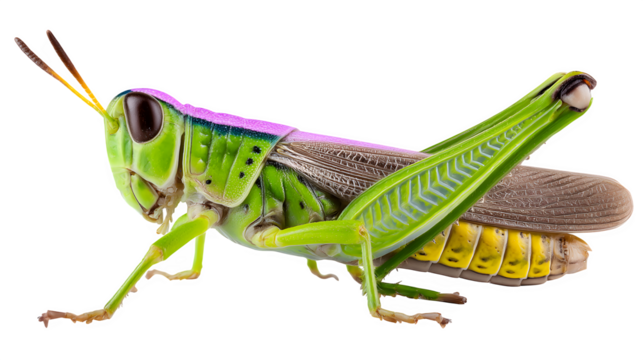 Side view of grasshopper standing still, full body visible, sharp leg details and antennae, cutout-ready image