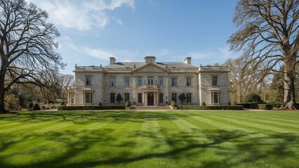 A luxurious white house with elegant architectural details, surrounded by a lush green lawn in front of the house, creates the perfect combination of sophistication, comfort and natural beauty	