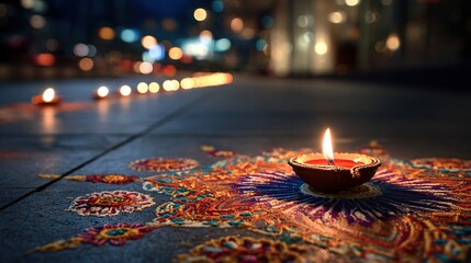 happy diwali festival celebration with oil lamp on street at night, traditional rangoli background for diwali greeting card. High quality
