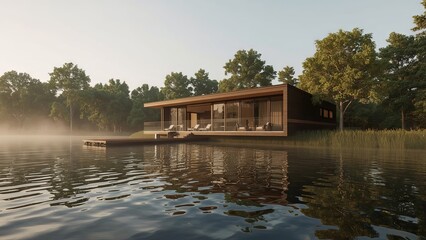 Obraz premium Elegant luxury modular home situated on the tranquil lakeshore, blending modern architectural design with natural beauty, offering serene views, comfort, sustainability 