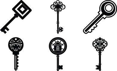 Vector art of a set of six black key icons isolated on transparent background