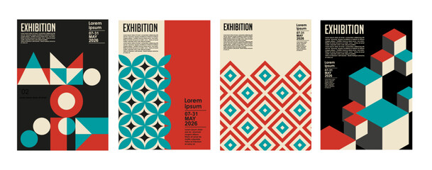 Art exhibition posters with abstract painting design. Vector vertical banners, invitation flyers to museum or gallery with trendy creative background with colorful patern blobs and drawn shapes.