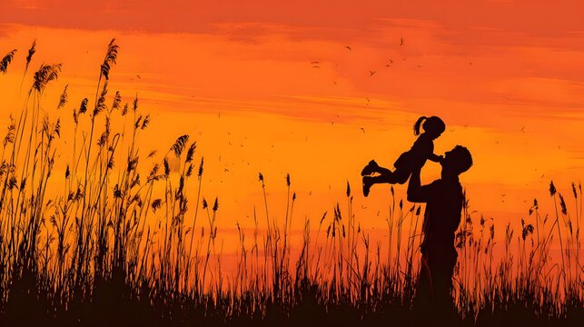 Father lifting his daughter in the air during sunset in a grassy field