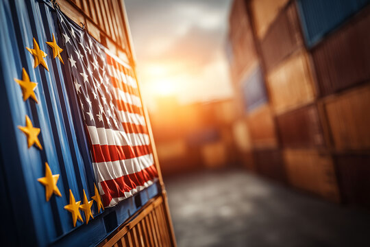 Colorful flags adorn a city skyscraper with glass and steel architecture - Powered by Adobe