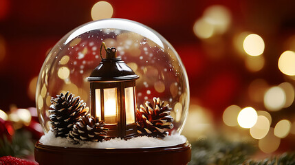 A classic snow globe containing a lit Christmas lantern and pinecones inside, gentle snow spinning through, red and champagne bokeh backdrop