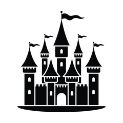 Obraz premium Black Silhouette of a Fantasy Castle with Towers and Flags