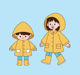 Two children in yellow raincoats. minimal line illustration.