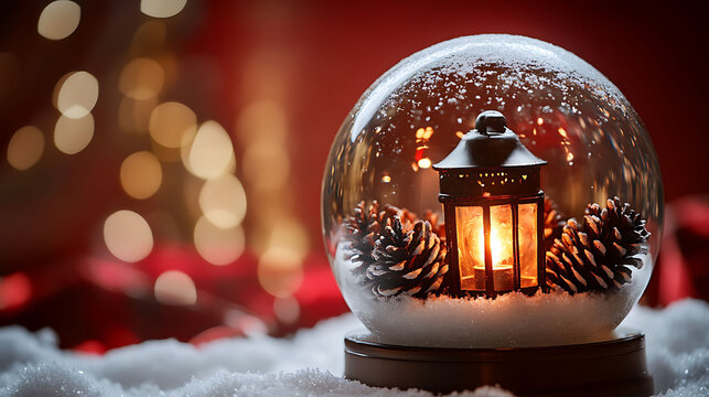 A classic snow globe containing a lit Christmas lantern and pinecones inside, gentle snow spinning through, red and champagne bokeh backdrop