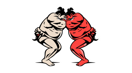Fototapeta premium Cartoon Sumo Wrestlers Fighting – Traditional Japanese Wrestling Characters in Action Poses