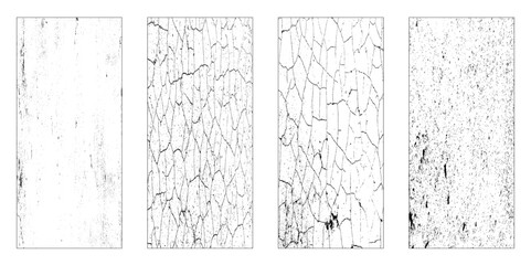 Collection of 4 grunge texture wall. Black colors isolated on white background. Graphic design grungy style concept for banner. Vector illustration.