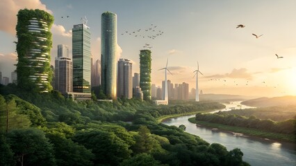 Sustainable Future City: Green Skyscrapers, Wind Turbines and Lush Nature