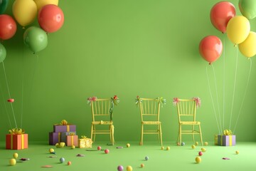 Green background party scene with balloons tied to chairs and colorful gifts on floor, 3D rendering