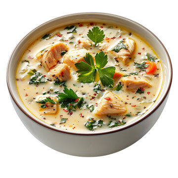 Hearty creamy salmon chowder with parsley and spices isolated on transparent background