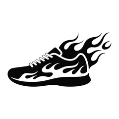 Black and White Sneaker with Flames Illustration on White Background