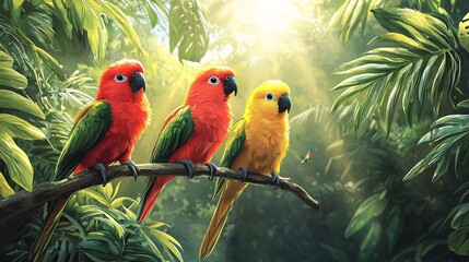 Obraz premium Three parrots in the tropical rainforest