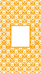Obraz premium Abstract geometric pattern featuring stylized white tulips with heart shapes on a vibrant orange background with a central white square
