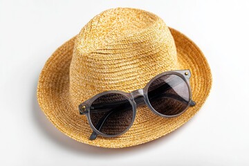 Straw hat topped with sunglasses on a plain white background