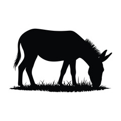 Silhouette of a Donkey Grazing on Grass in a Field