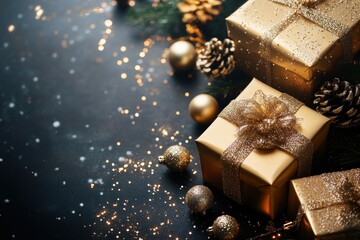 Golden gifts with sparkling Christmas decorations on dark background, large area for text or branding