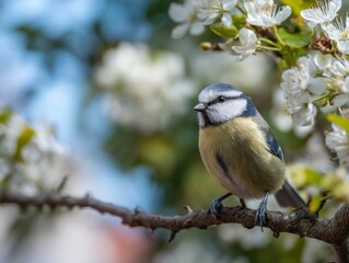 Obraz premium A blue tit perched on a blooming branch showcasing its vibrant colors and detailed plumage