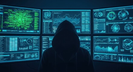 Anonymous hacker with hooded jacket in dark room surrounded by digital screens and data