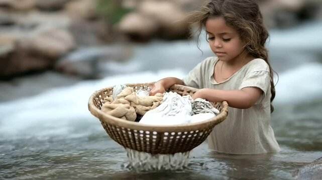 Girl washing laundry in river with wooden washboard for resilience