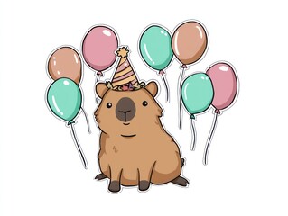 A capybara wearing a party hat surrounded by pastelcolored balloons