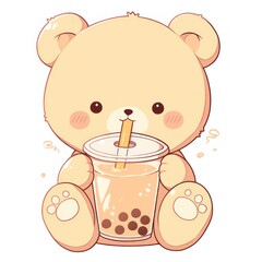 A cartoon bear enjoys bubble tea with a straw in a cup