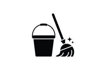 Fototapeta premium Cleaning Supplies Mop and Bucket Icon Black white