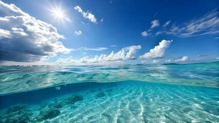Half Underwater Half Sky View of Clear Ocean Water and Bright Sunlight